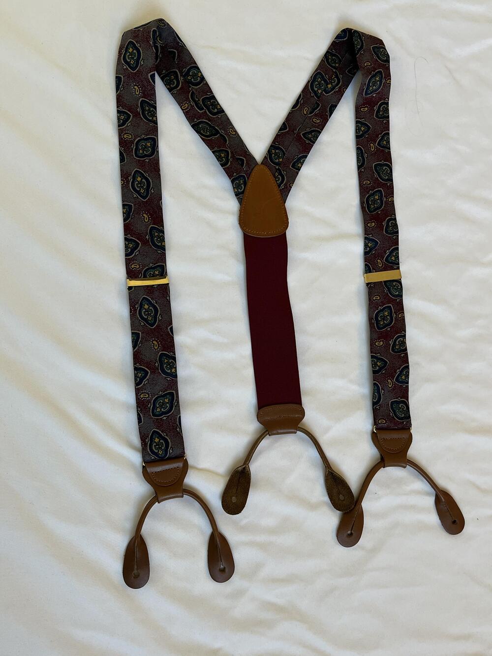 Trafalgar Suspenders Mens One Size Red Paisley Jacquard Leather Button Y Back